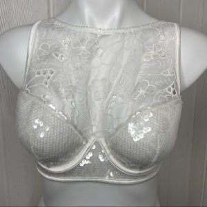 Victoria’s Secret Mesh Petal Sequin High Neck Bralet Bra Flowers Ivory 32DD NWT